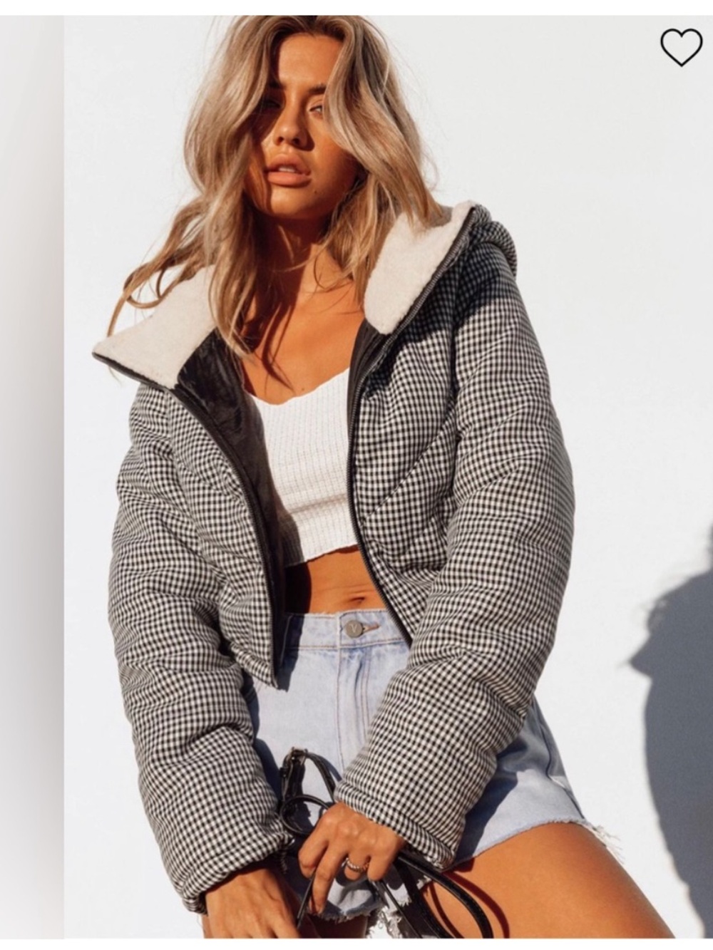 Princess Polly Black & White Houndstooth Cropped Puff Jacket